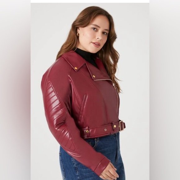 Forever 21 Cropped Belted Zip-Up Faux Lather Moto Jacket | New without Tags - Picture 2 of 8